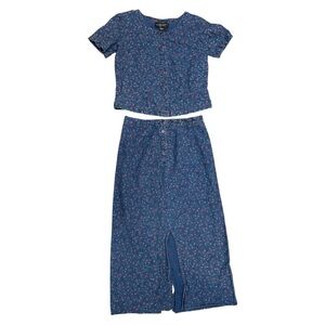 Vintage 90s Floral Denim Skirt/Shirt 2pc Set